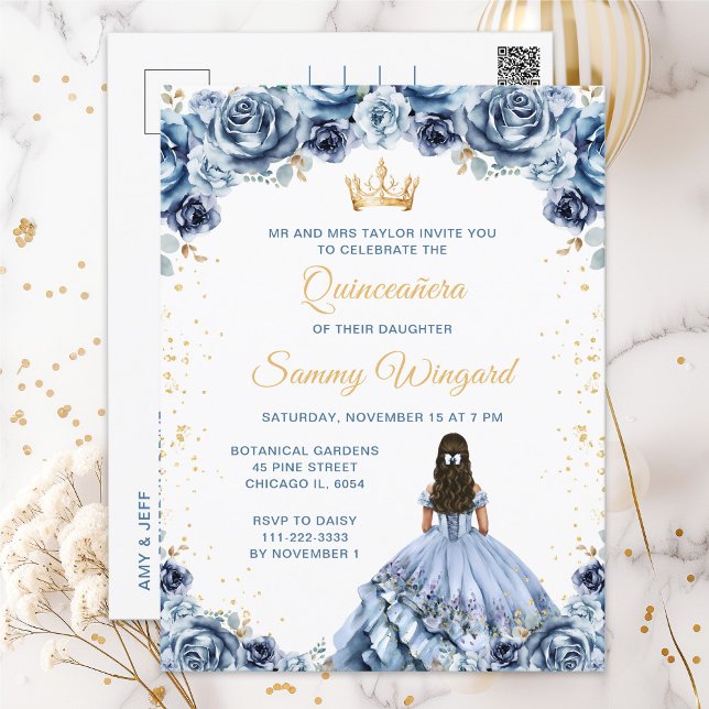 Dusty Blue Princess Floral Quinceañera Postkarte (Von Creator hochgeladen)