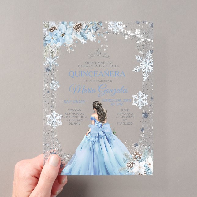 Dusty Blue Princess Floral Winter Snow Quinceañera Acryleinladungen (Insitu (Handheld))