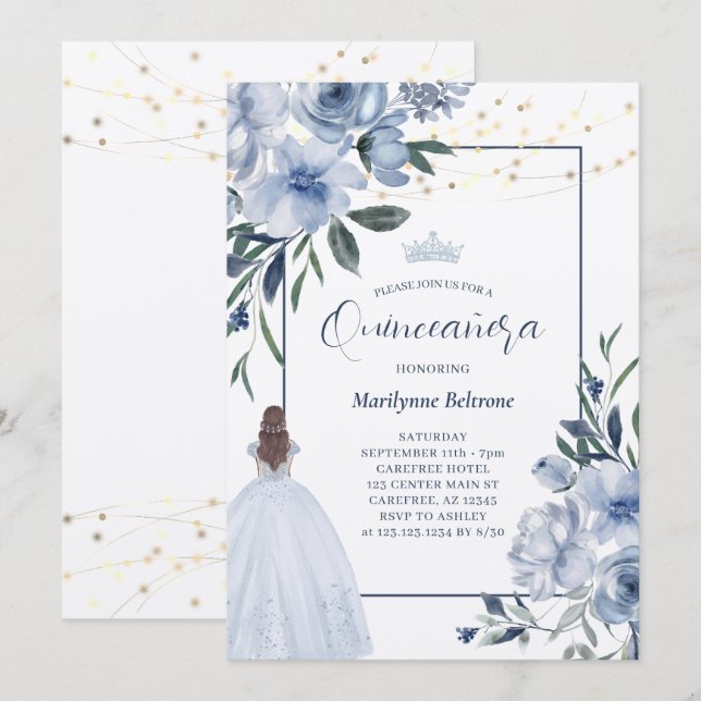 Dusty Blue Princess Quinceañera Einladung (Vorne/Hinten)
