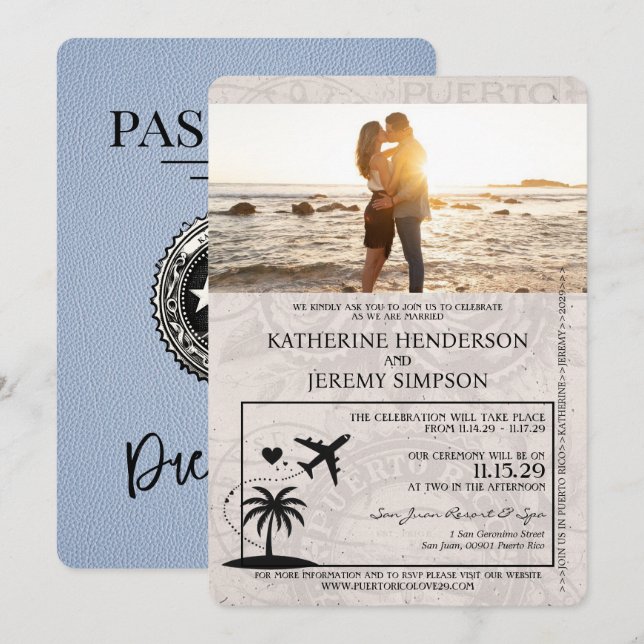 Dusty Blue Puerto Rico Passport Wedding Einladung (Vorne/Hinten)