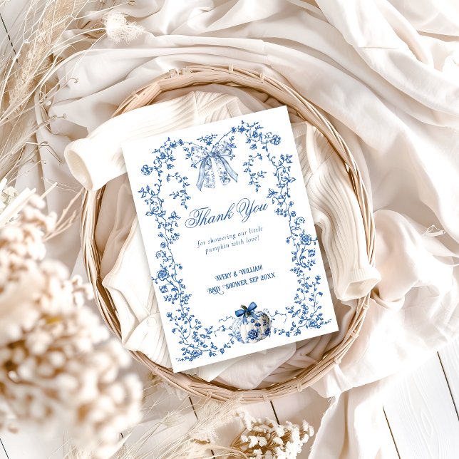 Dusty Blue Pumpkin Fall Floral Boy Baby Dusche Dankeskarte (Von Creator hochgeladen)