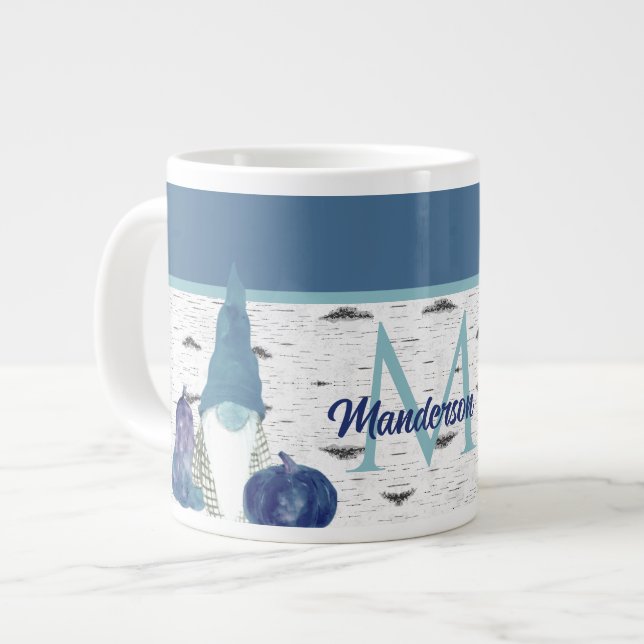 Dusty Blue Pumpkin Gnomes Aspen Rustic House Gia Jumbo-Tasse (Vorderseite Links)