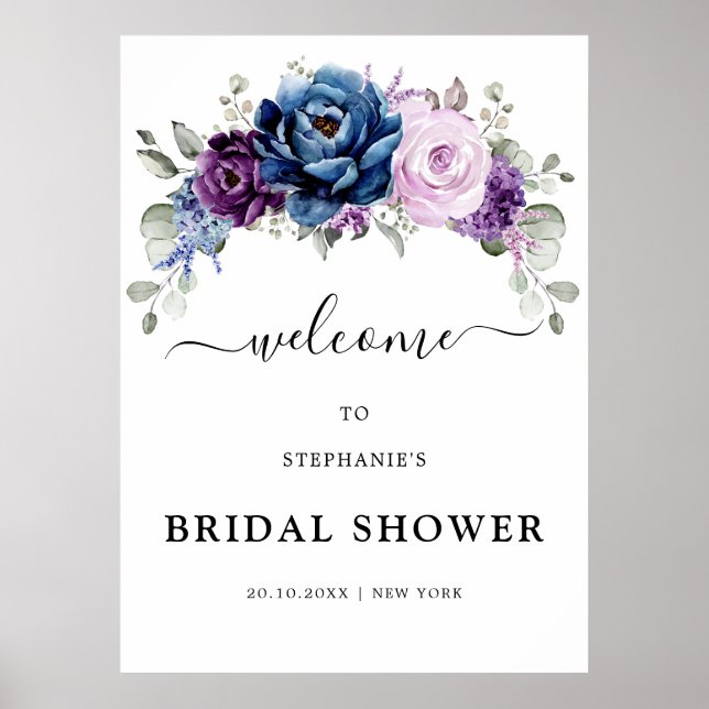 Dusty Blue Purple Blooms Bridal Shower Welcome  Poster (Vorne)