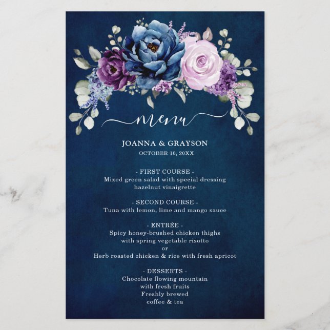 Dusty Blue Purple Navy Lilac Blooms Menu Mariage (Devant)