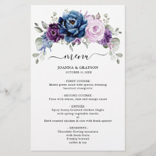 Dusty Blue Purple Navy Lilac Blooms Menu Mariage