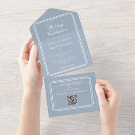 Dusty Blue QR Code Art Deco Monogram Wedding All In One Einladung