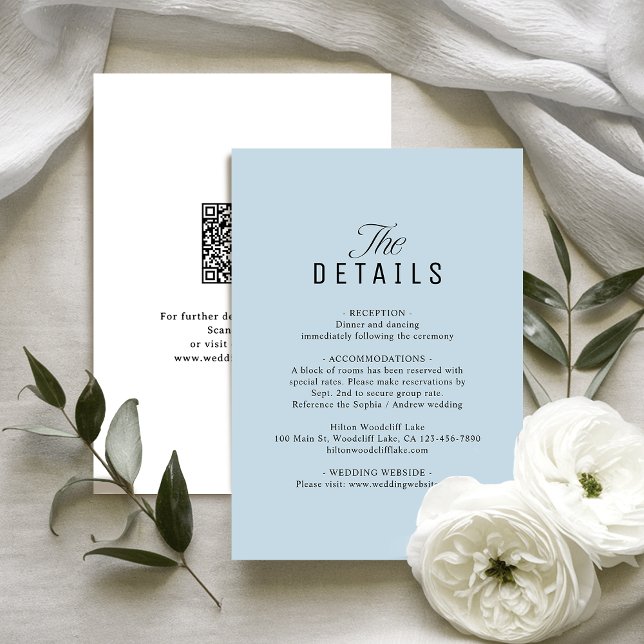 Dusty Blue QR Code Classy Wedding Details Mitteilungskarte (Dusty Blue QR Code Classy Wedding Details Note Card)