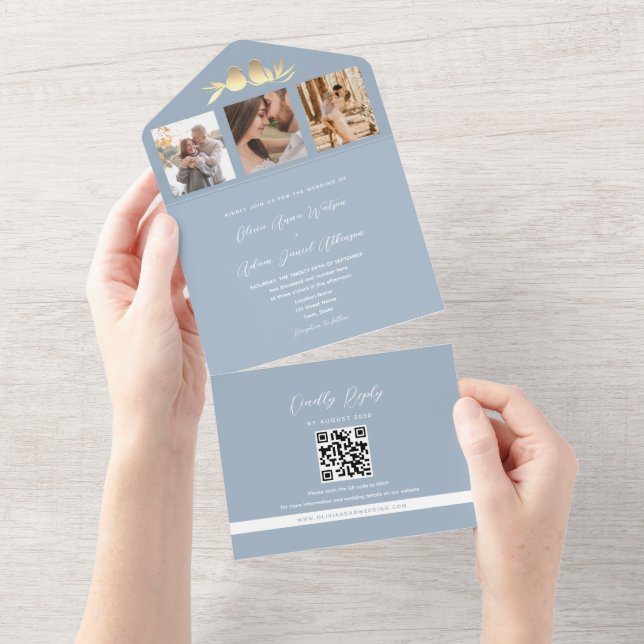 Dusty Blue QR Code Foto Wedding All In One Einladung (Abreißen)