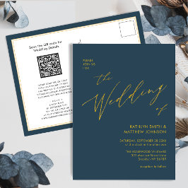 Dusty Blue QR Code in einem Gold Script Hochzeit Einladungspostkarte