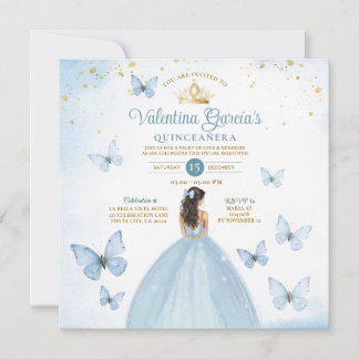 Dusty Blue Quinceañera 15 Anos Butterfly Gold Einladung