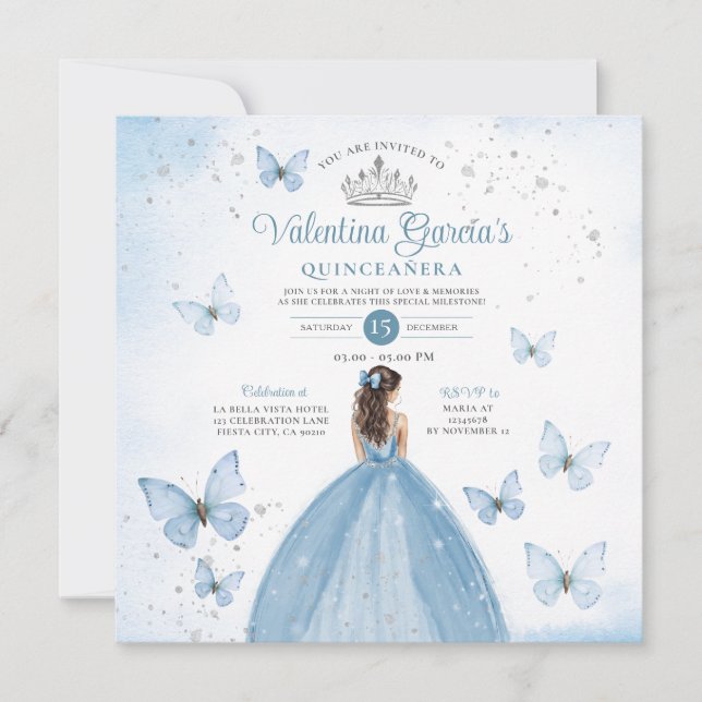 Dusty Blue Quinceañera 15 Anos Butterfly Silver Einladung (Vorderseite)