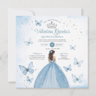 Dusty Blue Quinceañera 15 Anos Butterfly Silver Einladung