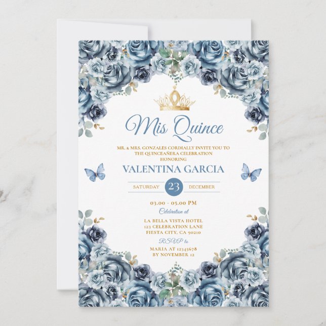 Dusty Blue Quinceañera 15 Anos Flowers Gold Crown Einladung (Vorderseite)