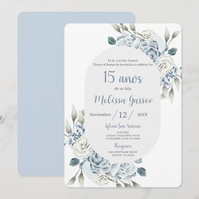 Dusty Blue Quinceañera Einladung (Vorne/Hinten)
