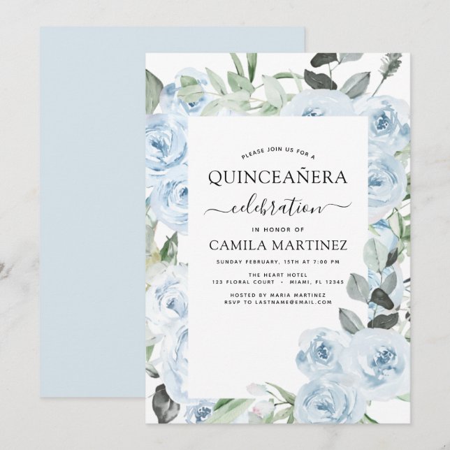 Dusty Blue Quinceañera Floral Invitation (Devant / Derrière)
