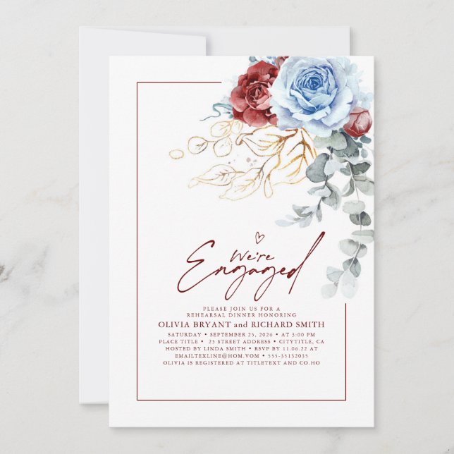 Dusty Blue Red Floral Engagement Party Photo Einladung (Vorderseite)
