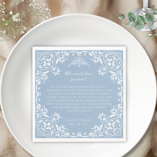 Dusty Blue Regency Ära wo wir Hochzeit treffen Serviette (elegant dusty blue fun facts when how and where we met theme regency era inspired wedding napkins)