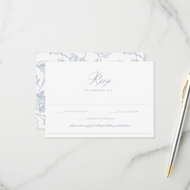 Dusty Blue Regency Floral Food Allergy RSVP Karte (Vorderseite/Rückseite Beispiel)