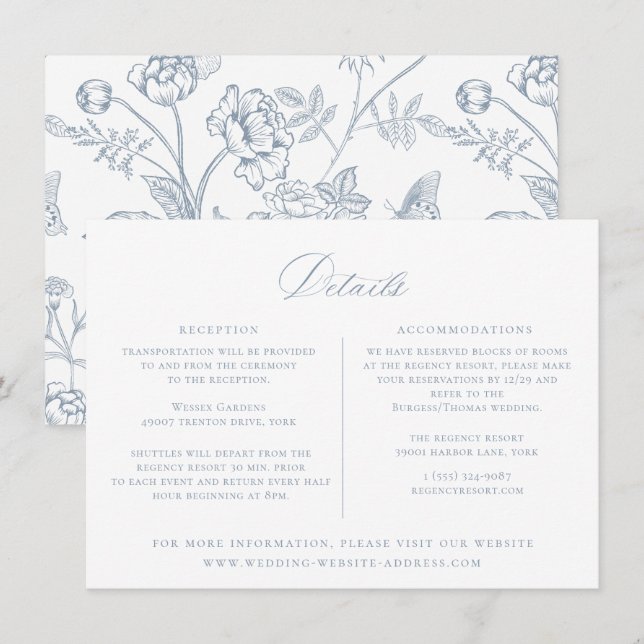Dusty Blue Regency Floral Wedding Details Card Einladung (Vorne/Hinten)