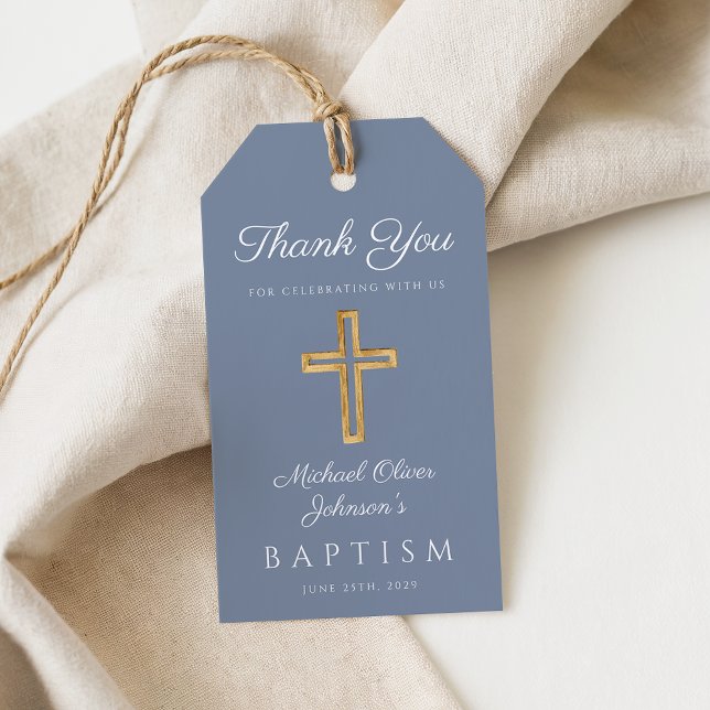 Dusty Blue Religious Cross Boy Baptism Geschenkanhänger (Dusty Blue Religious Cross Boy Baptism Gift Tags)
