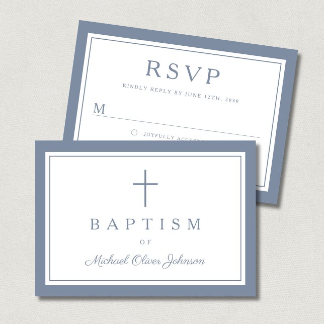 Dusty Blue Religious Cross Boy Baptism  RSVP Karte (Dusty Blue Religious Cross Boy Baptism RSVP Card)