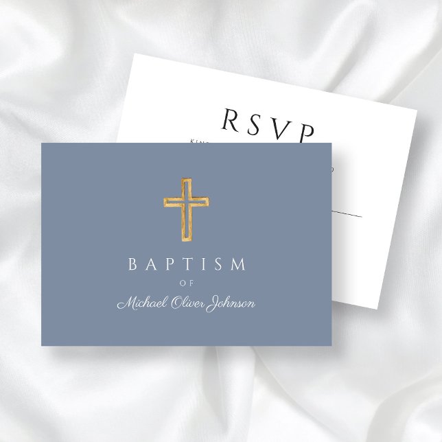 Dusty Blue Religious Cross Boy Baptism RSVP Karte (Dusty Blue Religious Cross Boy Baptism RSVP Card)