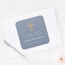 Dusty Blue Religious Cross Boy Erste Kommune Quadratischer Aufkleber