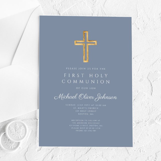 Dusty Blue Religious Cross Boy First Communion Acryleinladungen (Dusty Blue Religious Cross Boy First Communion Acrylic Invitations)