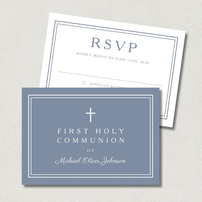 Dusty Blue Religious Cross Boy First Communion RSVP Karte (Dusty Blue Religious Cross Boy First Communion RSVP Card)