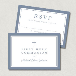 Dusty Blue Religious Cross Boy First Communion RSVP Karte