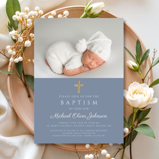 Dusty Blue Religious Cross Boy Foto Taufe Einladung (Dusty Blue Religious Cross Boy Photo Baptism Invitation)