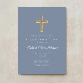 Dusty Blue Religious Wood Cross Boy Bestätigung Einladung
