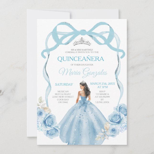Dusty Blue Ribbon Bow Princess Mis Quince Einladung (Vorderseite)