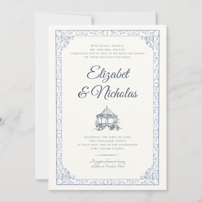 Dusty Blue Rococo Garden Invitation de mariage (Devant)