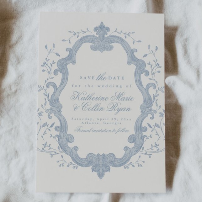 Dusty Blue Rococo Save The Date Card Einladung (Von Creator hochgeladen)