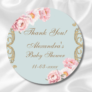 Dusty Blue Rokoko Floral Baby Dusche Vielen Dank Runder Aufkleber