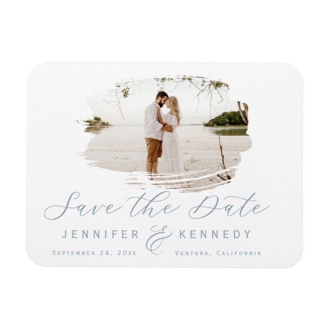 Dusty Blue Romantic Brushed Frame Save The Date Magnet (Horizontal)