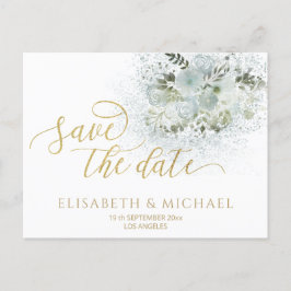 Dusty-blue romantic floral gold kalligraphie ankündigungspostkarte