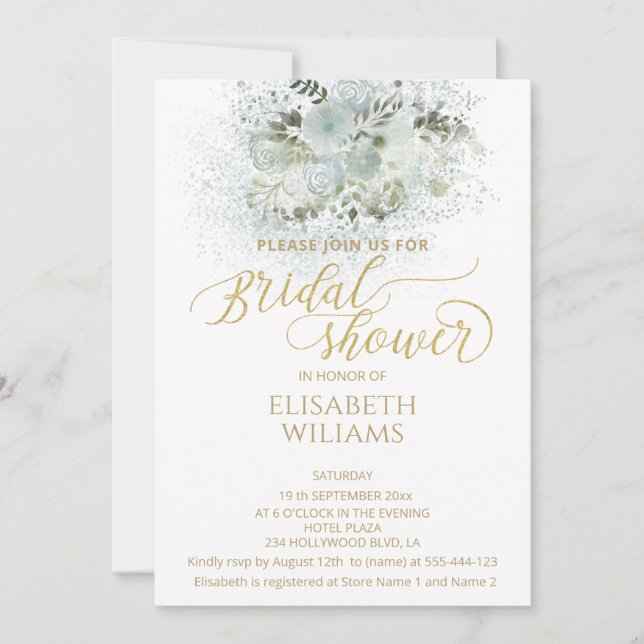 Dusty-blue romantic floral gold kalligraphie einladung (Vorderseite)