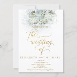 Dusty-blue romantic floral gold kalligraphie einladung