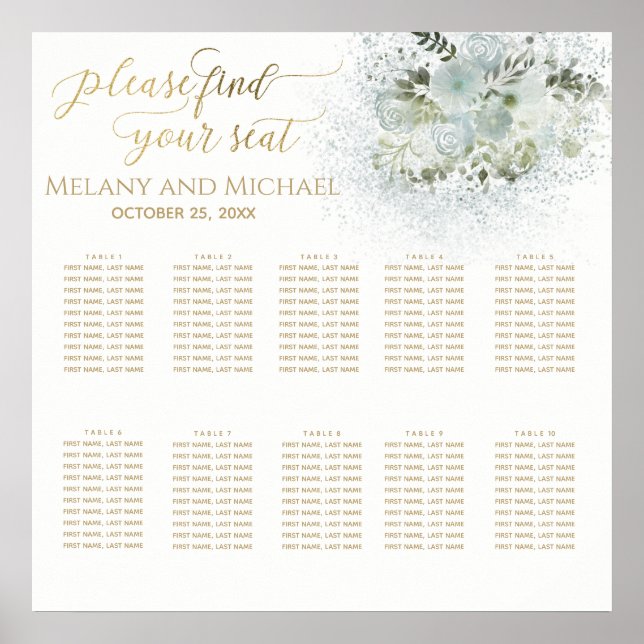Dusty-blue romantic floral gold kalligraphie poster (Vorne)