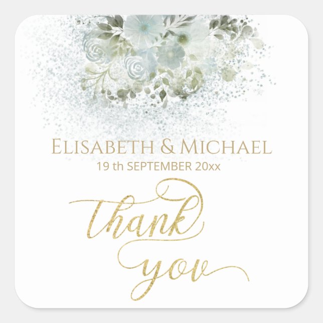 Dusty-blue romantic floral gold kalligraphie quadratischer aufkleber (Vorderseite)