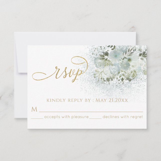 Dusty-blue romantic floral gold kalligraphie RSVP karte (Vorderseite)