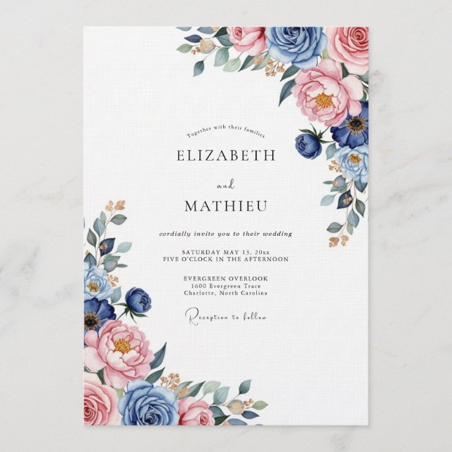 Dusty Blue Romantic Floral Wedding Einladung (Vorderseite)