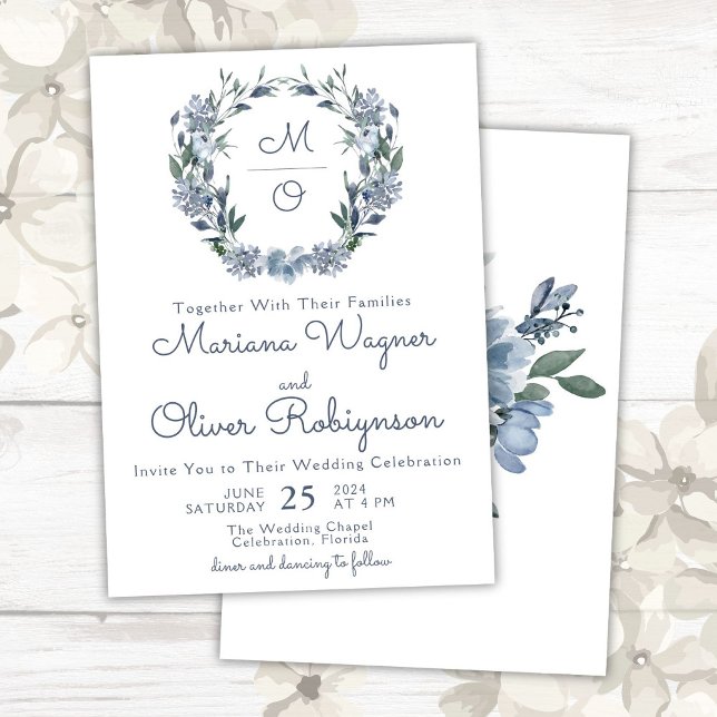 Dusty Blue Romantic Floral Wreath Wedding Einladung (Von Creator hochgeladen)