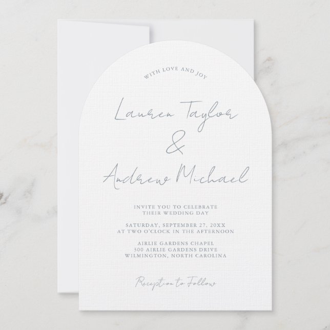 Dusty Blue Romantic Modern Arch Wedding Invitation Einladung (Vorderseite)