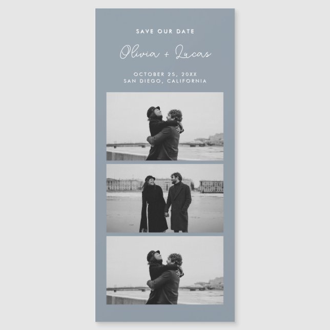 Dusty Blue Romantic Photo Strip Magnetic Wedding Magnetkarte (Vorderseite)