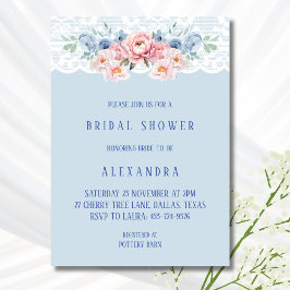 Dusty Blue Romantic Pink Floral Lace Brautparty Einladung
