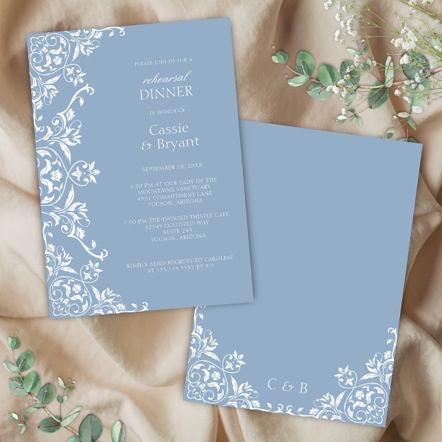 Dusty Blue Romantic Probe Dinner Einladung (romantic dusty blue and white wedding rehearsal dinner invitation for old money bridgerton events)