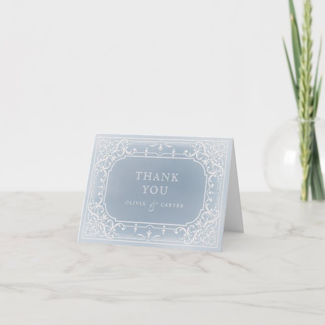 Dusty blue romantic vintage Hochzeit danke (Vorderseite)
